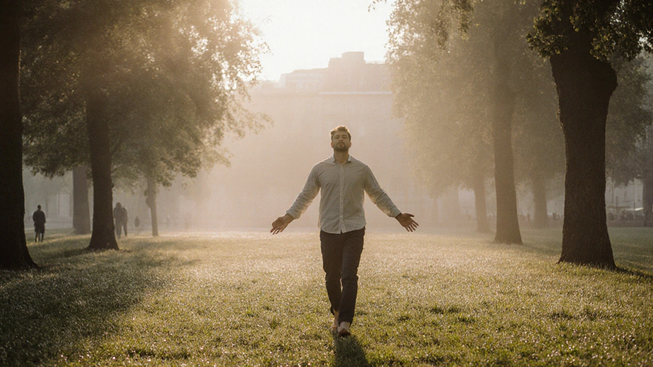 Muž chodí bosým po rosené trávě v pražském parku při ranní mlze, symbolizující obnovu.