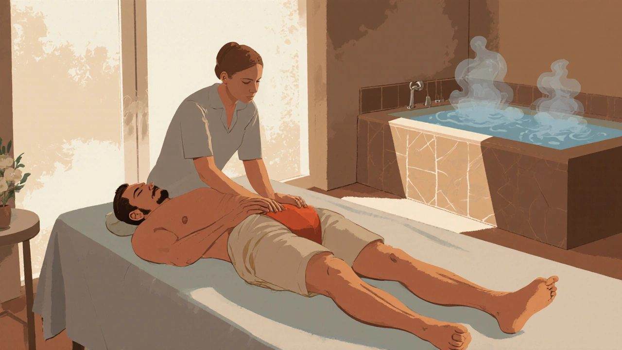 Muž na masážním stole v klidné pražské klinice, terapeut jemně pracuje na pánvi.