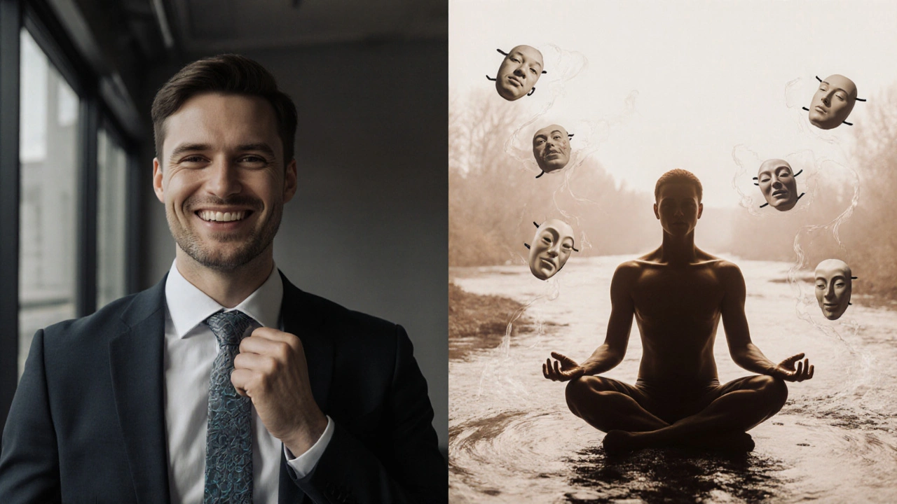 Dvojité vědomí: obraz osoby v práci s skrytým napětím a stejné osoby v klidu s integrací těla a mysli.