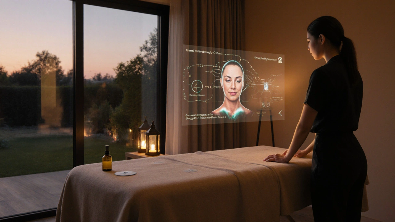 Moderní tréninková místnost s biometickými senzory a hologramem energetických map.
