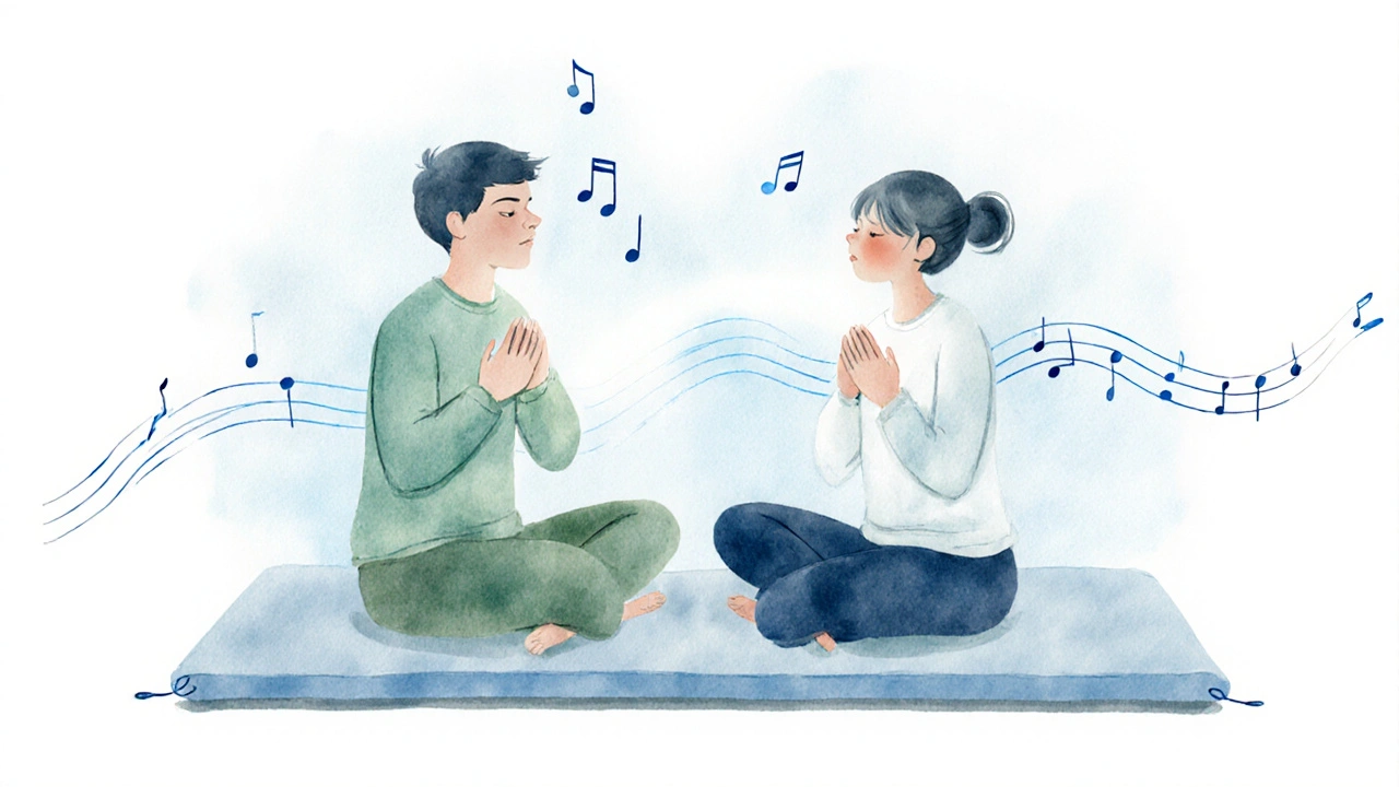 Pár sedí tváří k sobě, synchronizuje dechy, ruce na srdci, klidná atmosféra.