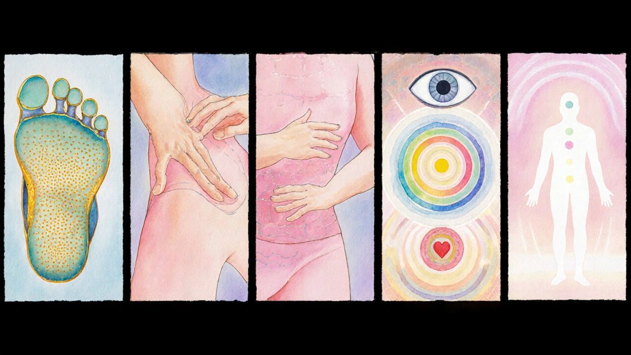 Pět vodních maleb ukazujících kroky: chodidla, Shiatsu, signály, čakry, celkové spojení.