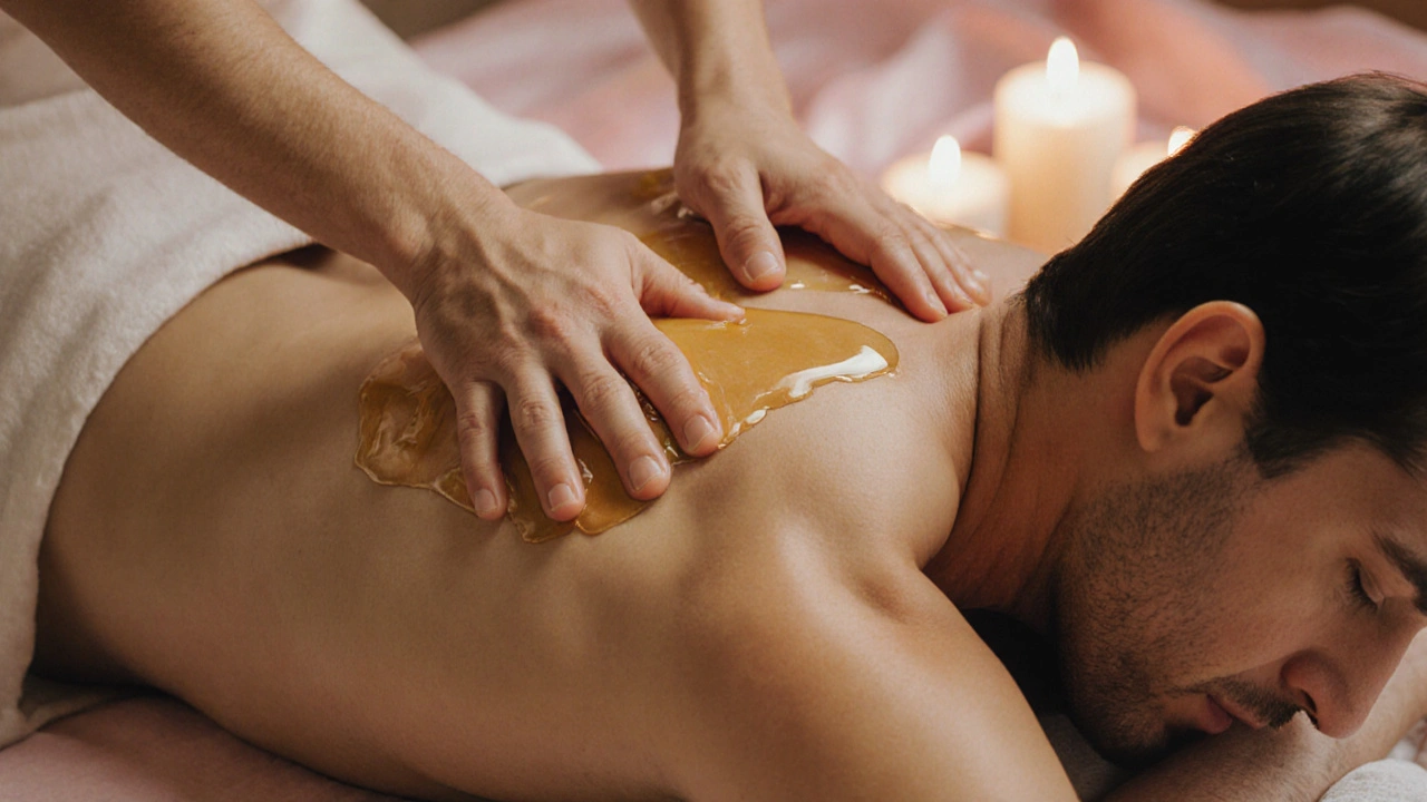 Ruce maséra provádějící kruhové tahy s olejem po zádech partnera v teplém světle.