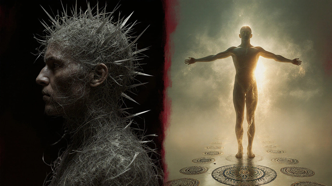 Dvě verze člověka: jedna napjatá a temná, druhá osvětlená a uvolněná, symbolizující integraci emocí a těla.