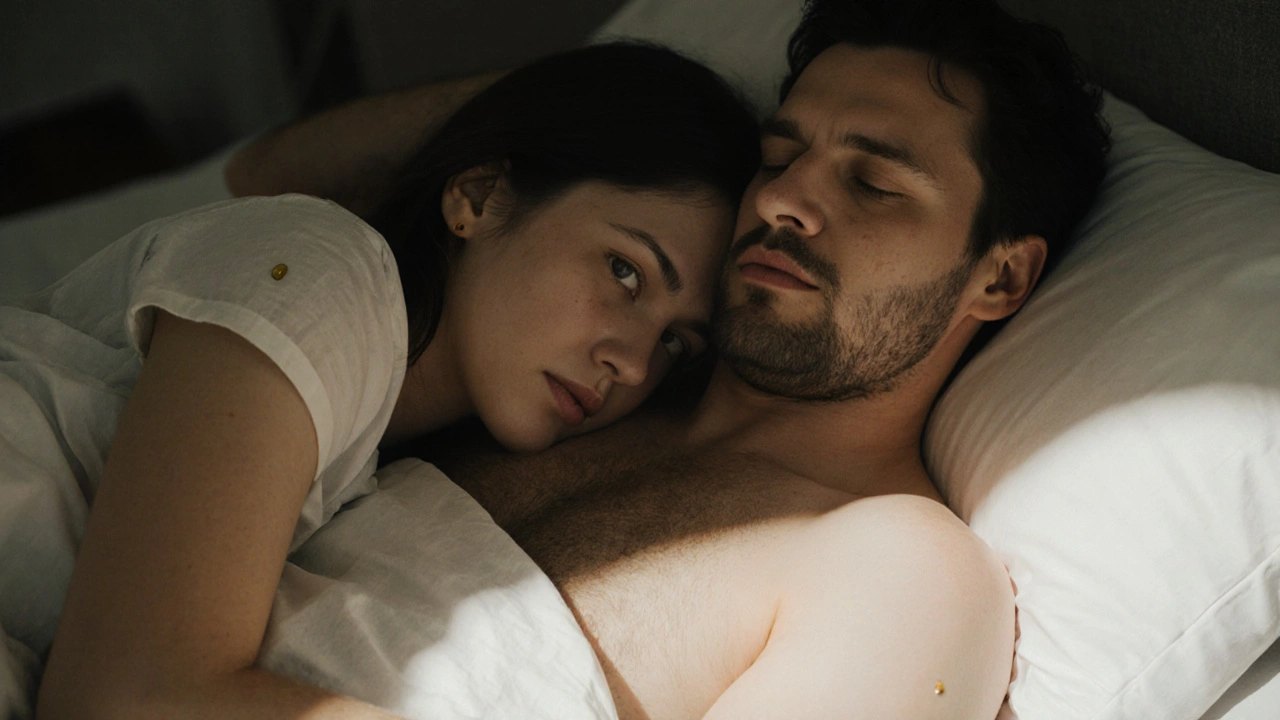 Dvojice se přikrčila v posteli, hlava na hrudi, klidně dýchají v ranním světle.