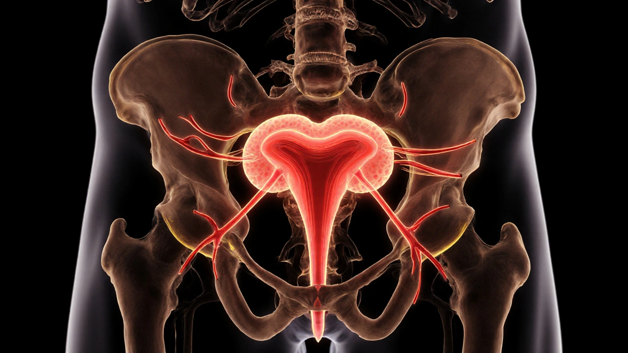Křížový řez pánve s označeným prostatou a zlepšeným prokrvením po masáži.