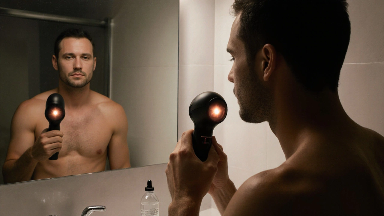 Muž používá domácí zařízení na masáž prostaty v koupelně s lubrikačním gelem.