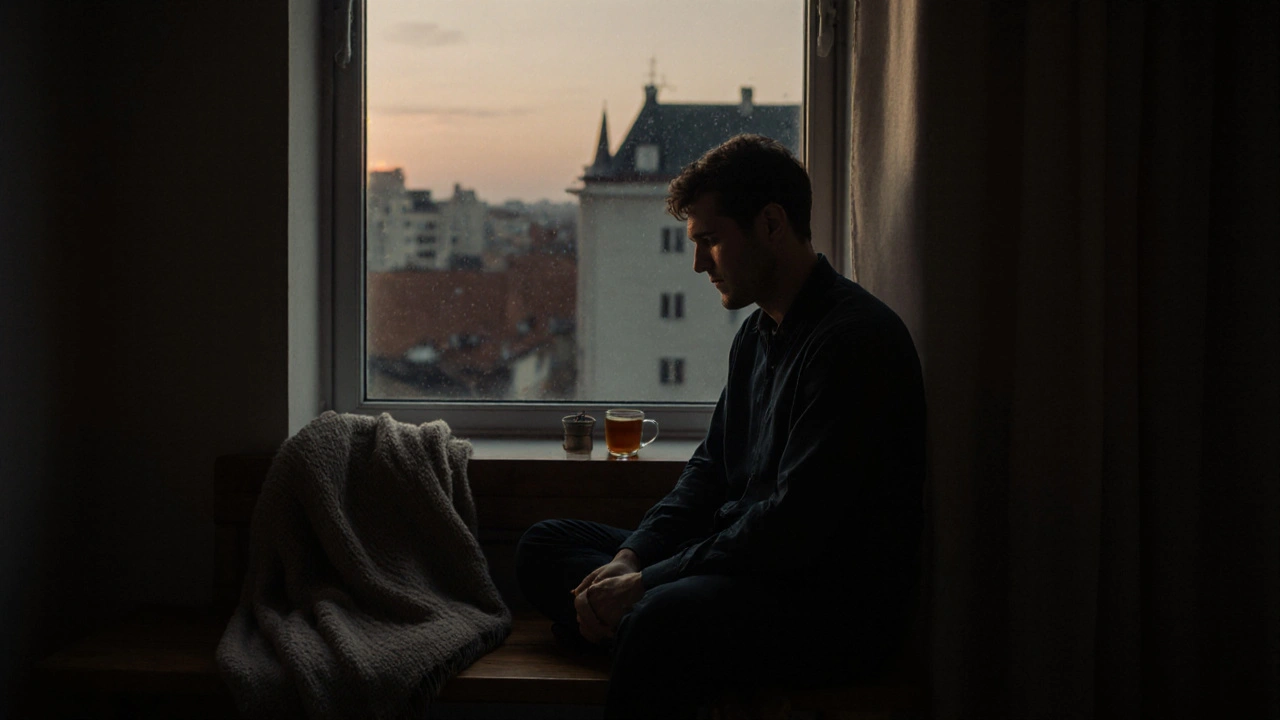 Muž sedí po sezení, oči zavřené, s mírným úsměvem a slzou na tváři.