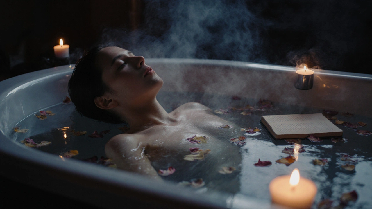 Osoba v teplé koupeli s květinami a svíčkami, v klidné, tiché atmosféře večera.