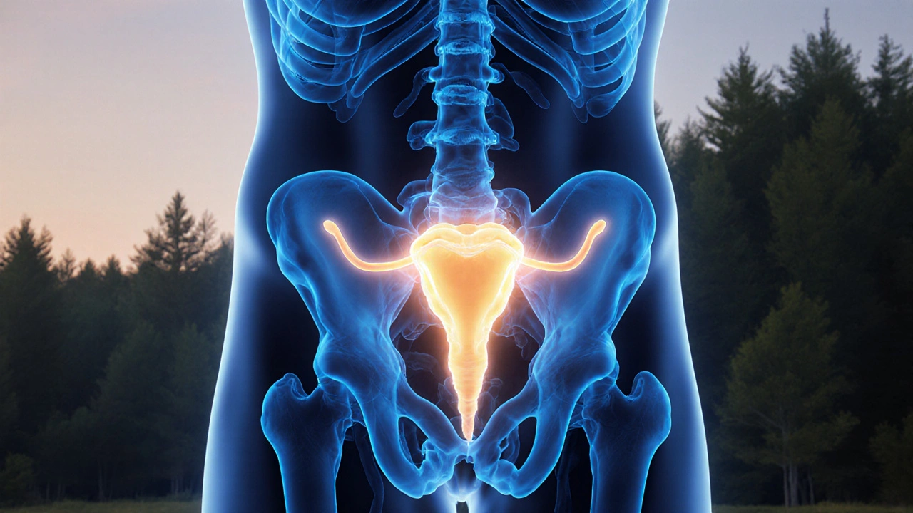 Přenosný obrázek prostaty s jemným světlem symbolizujícím zlepšení zdraví.