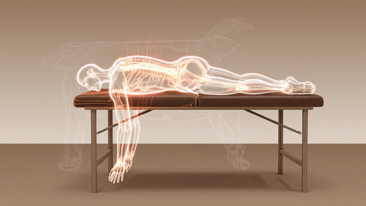 Průhledný lidský obraz s vykreslenými proudy krve a lymfy při masáži na ploché lavici.