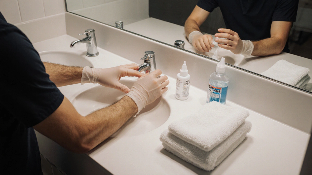 Ruce muže připravují masáž prostaty s péčí o hygienu a bezpečnost.