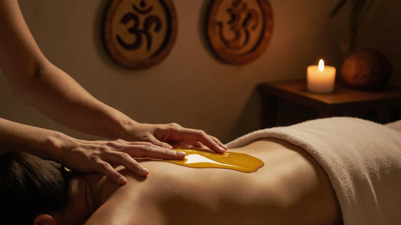 Ruce terapeuty jemně následují páteř klienta s přírodním olejem, svaly se uvolňují v klidném prostředí.