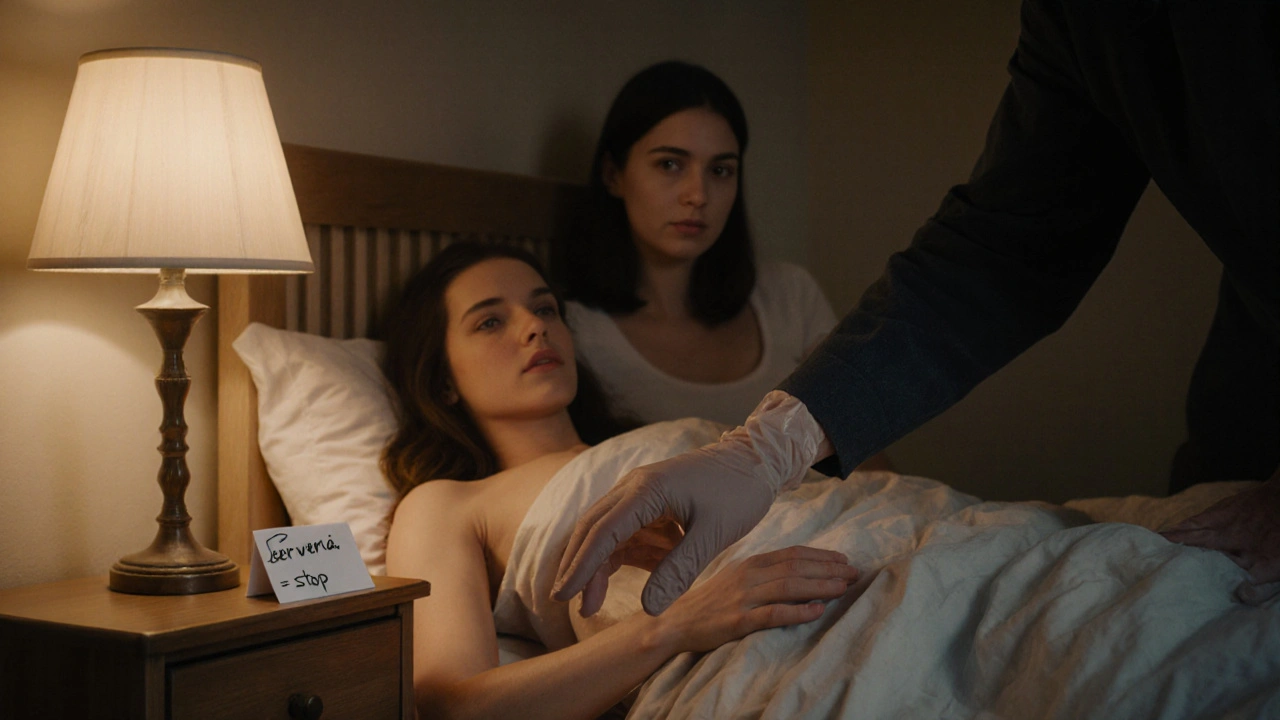 Ruka se dotýká perinea, žena pozoruje s laskavostí — příprava bez násilí.