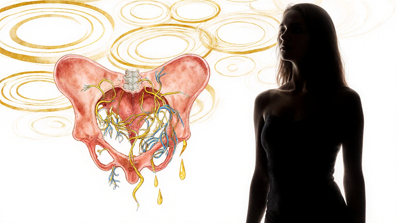 Symbolický obraz pánve s uvolňujícími se nervy a vibrujícími frekvencemi, žena v pozadí uvolňuje napětí.