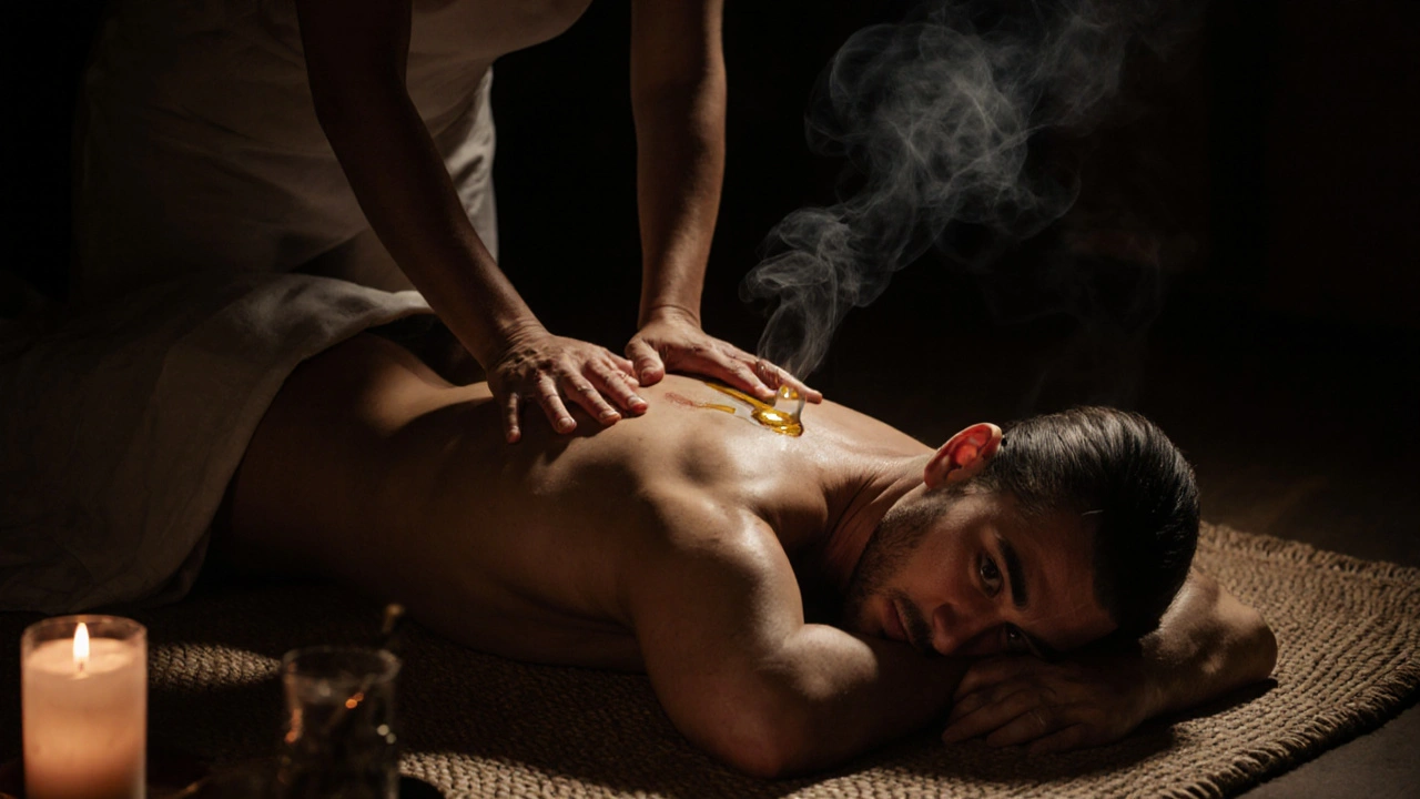Tantrická masáž s teplým olejem a jemným světlem, klient s uvolněným výrazem.