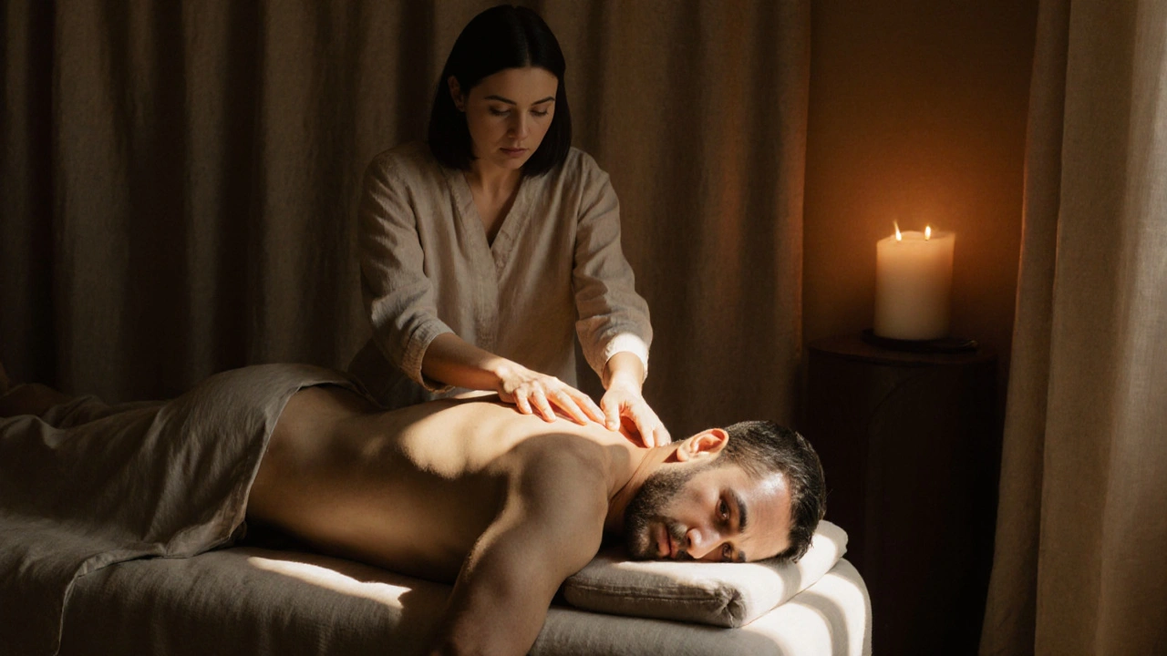 Terapeutka jemně dotýká muže na zádech v klidném, osvětleném prostoru.