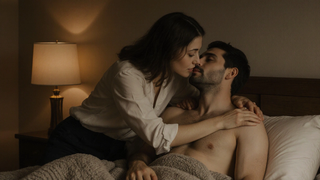 Žena masíruje muži ramena a líbá jeho paži v klidném, teplém prostředí bez nářadí.