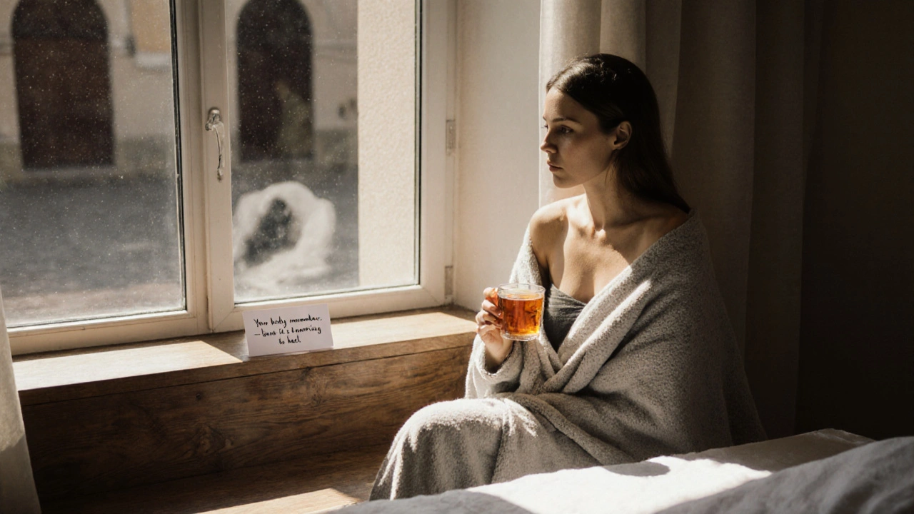 Žena po masáži sedí u okna s šálkem čaje, tvář klidná, slzy na tváři, klidné večerní světlo.