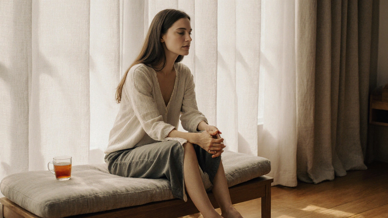 Žena po sezení sedí v klidu, oči zavřené, s mírným slzou na tváři, přítomnost vnitřního klidu.