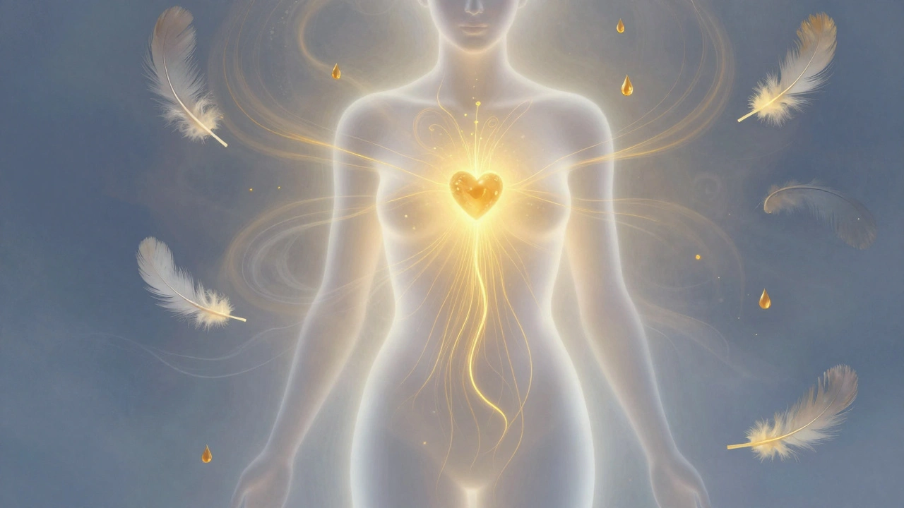 Abstraktní znázornění energie proudící z hrudní čakry dolů, obklopené peří a kapkami oleje.