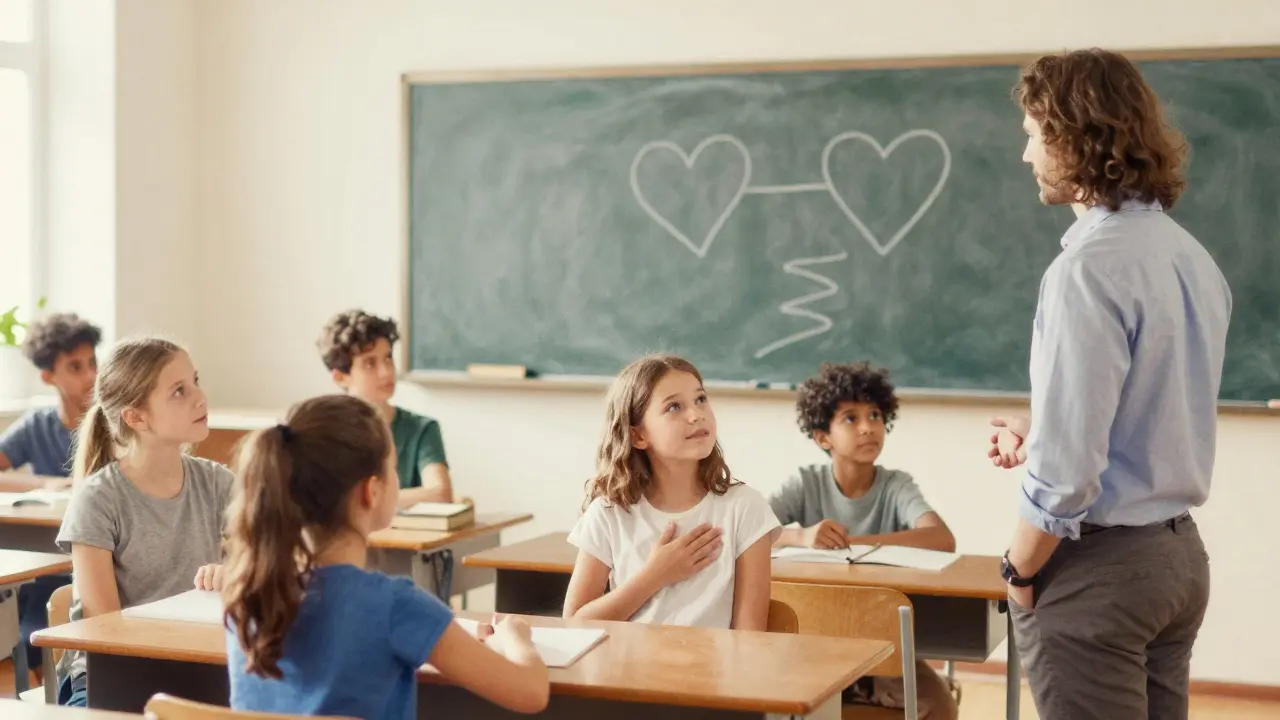 Česká třída, kde učitel ukazuje na obrázek spojených srdcí, žáci reagují přemýšlejícími výrazy.