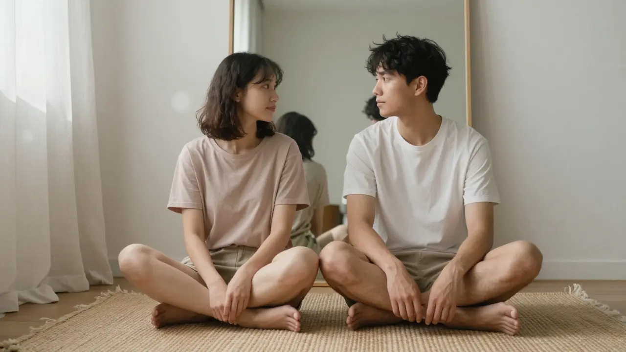 Dvojice se dívá do očí před zrcadlem, aniž by se dotýkala.