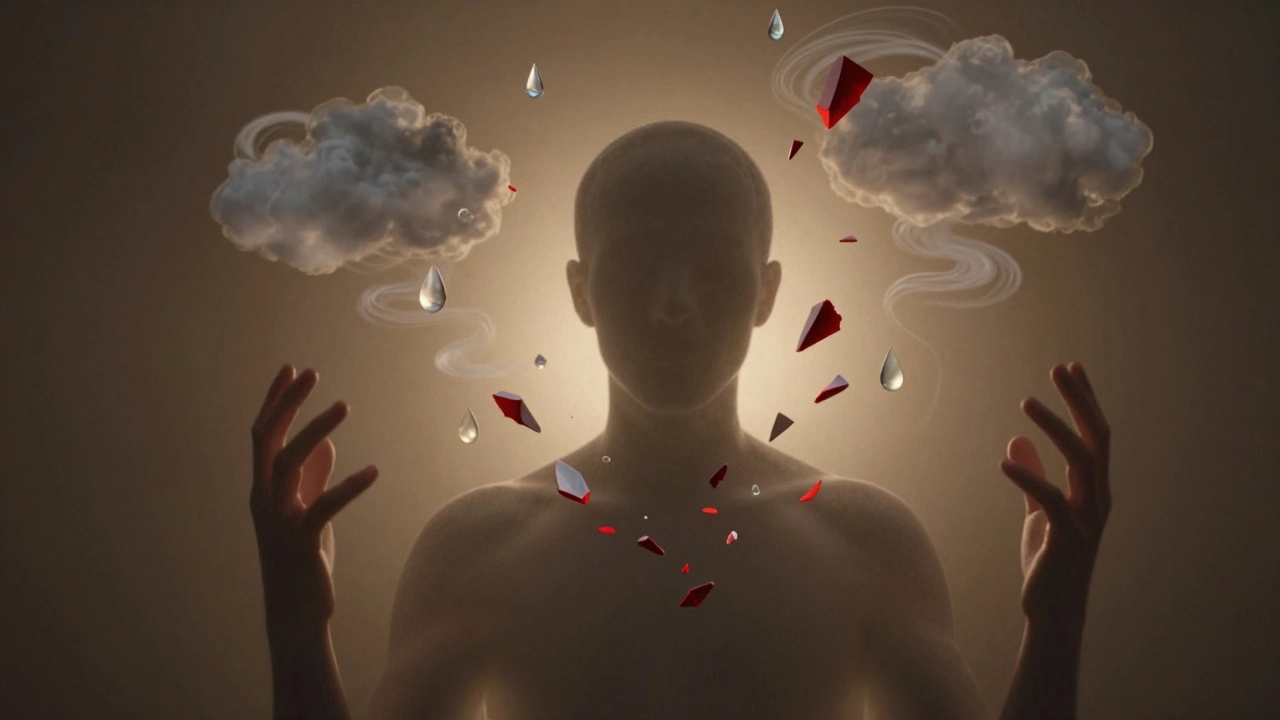 Koncepční obrázek těla, z něhož vystupují emocionální prvky — slzy, vztek, strach — které se mění v světlo.