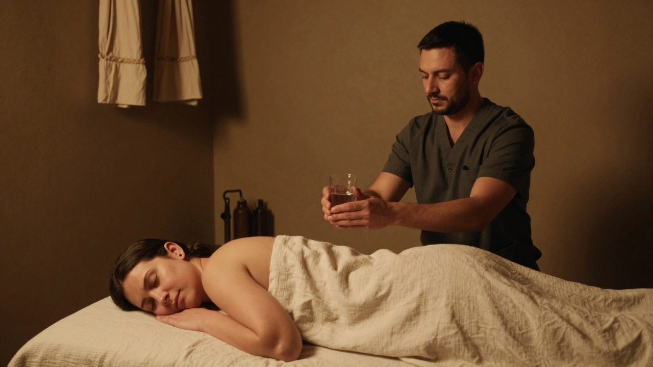 Masér nabízí sklenici vody klientovi, který se třese, v klidném, osvětleném prostoru bez dotyku.