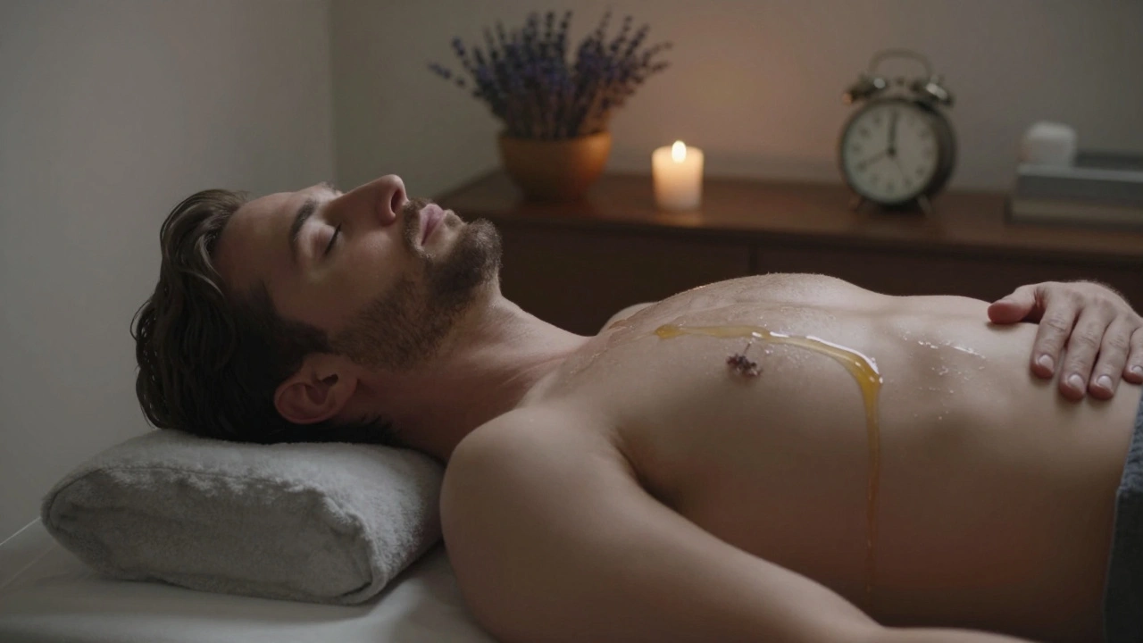 Muž leží klidně na lůžku, když se olej pomalu šíří po břiše, v prostředí bez času a očekávání.