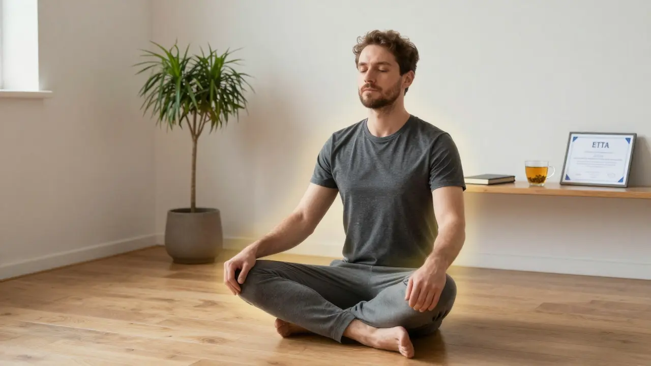 Muž provádí Kegelovy cviky ráno v klidné místnosti, dýchá hluboce, v prostředí věnovaném sebepeči.