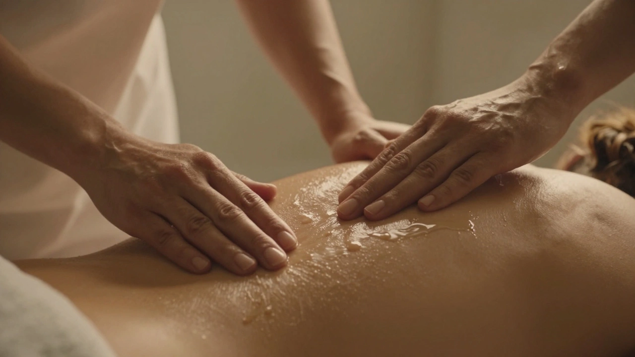 Ruce maséru jemně hladí záda s olejem, nad kůží visí peří, tělo se uvolňuje.