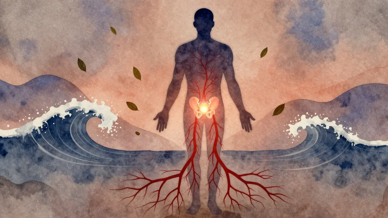 Symbolické znázornění zlepšeného krevního oběhu v pánvi s jemně zářícími žilami a přirozenými prvky obnovy.