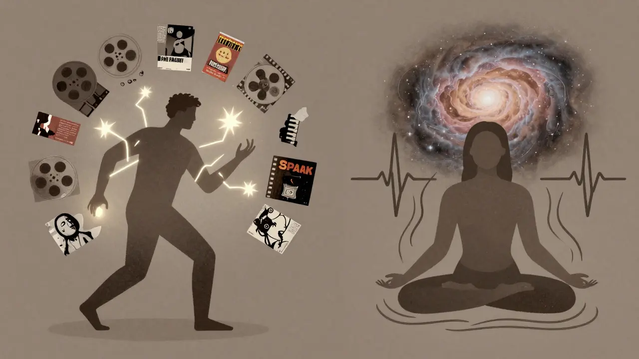 Symbolický obraz dvojí sexuality: jedna strana s elektrickými výboji, druhá s dechem a vesmírným spojením.