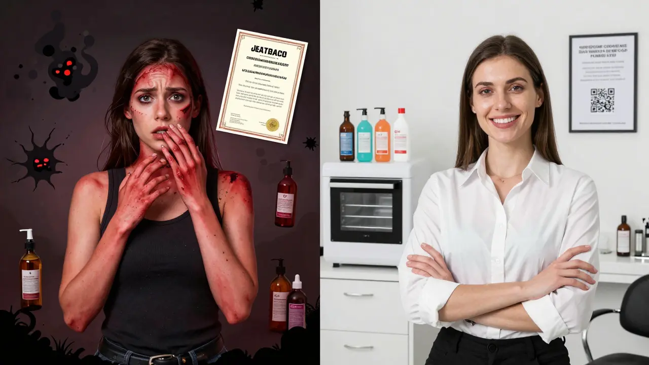 Dvě strany jedné scény: nebezpečný nelegální salón vlevo a bezpečný legální salón vpravo.