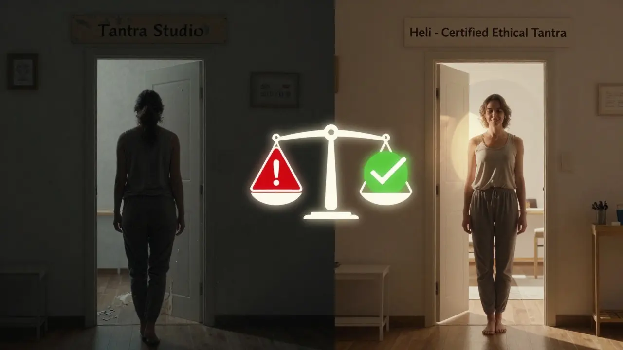 Kontrast mezi nelegálním a etickým tantrickým masérským studio: jeden strach, druhý klid a bezpečí.