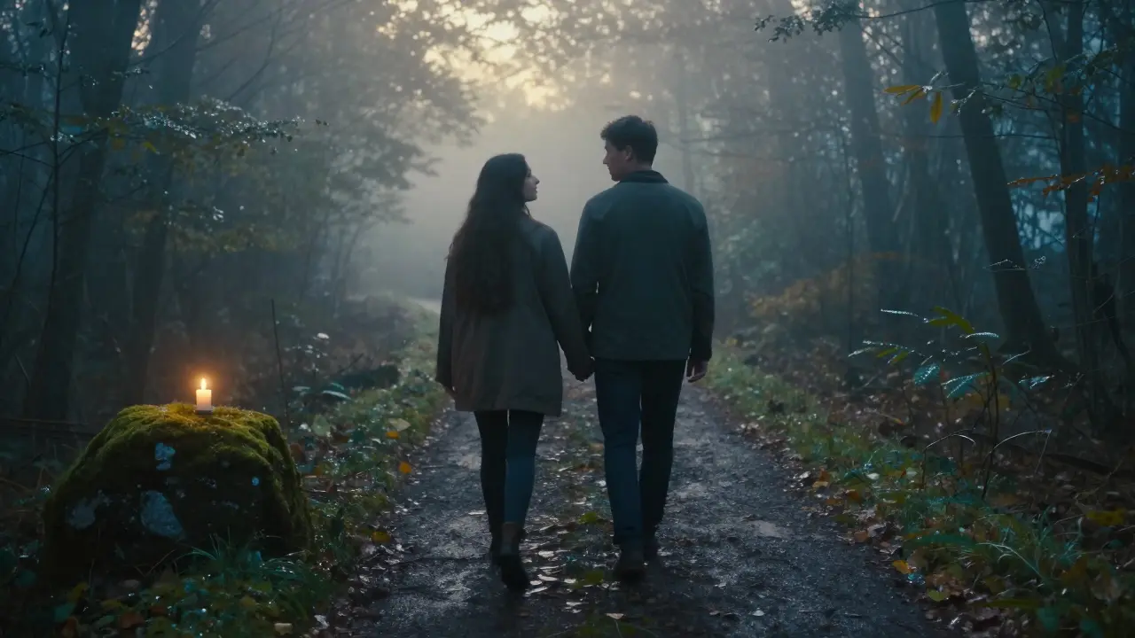 Pár kráčí ruku v ruce lesní cestou v záři ranního mlhy, symbolizující obnovu spojení.