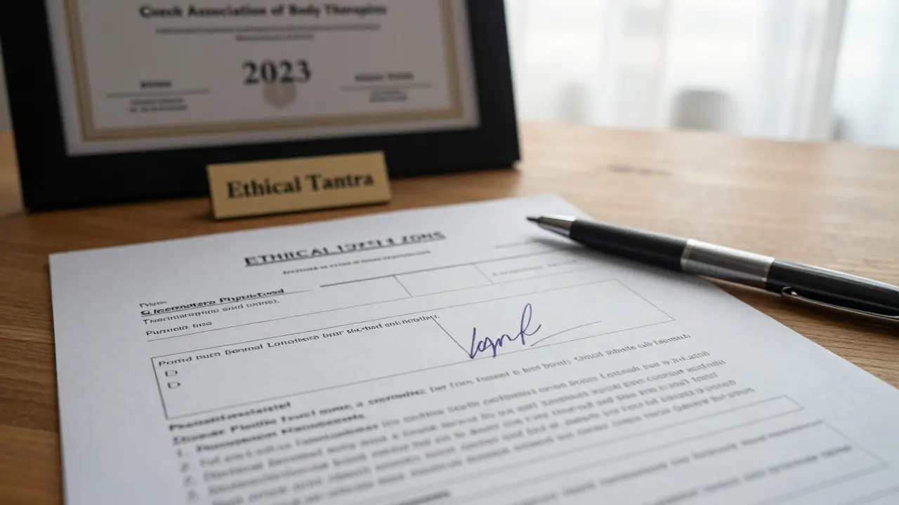 Písemný souhlas s jasně vymezenými etickými hranicemi tantrické masáže, s certifikátem terapeuta na pozadí.