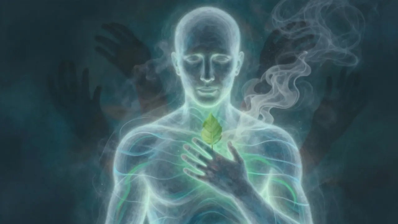 Průhledná silueta těla vyzařující klidnou energii, zatímco strach mizí jako kouř.