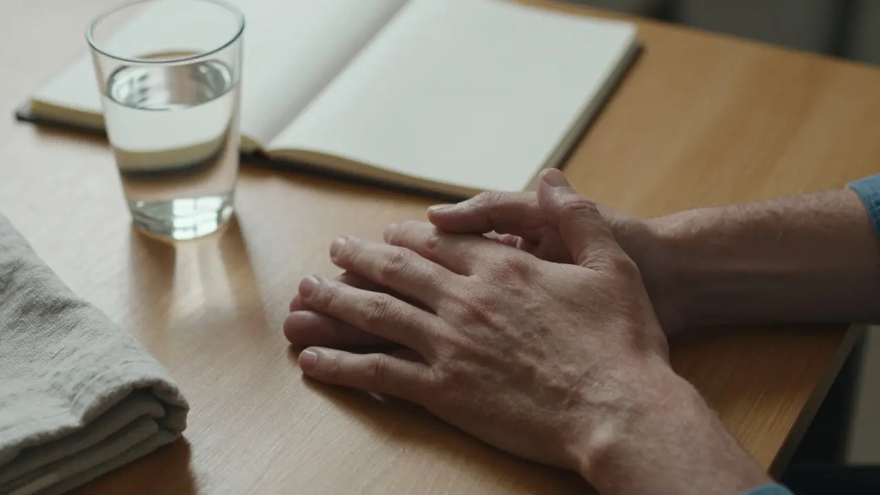 Ruce terapeuty a klientky se dotýkají jen prsty, bez intimity, v klidném prostředí.