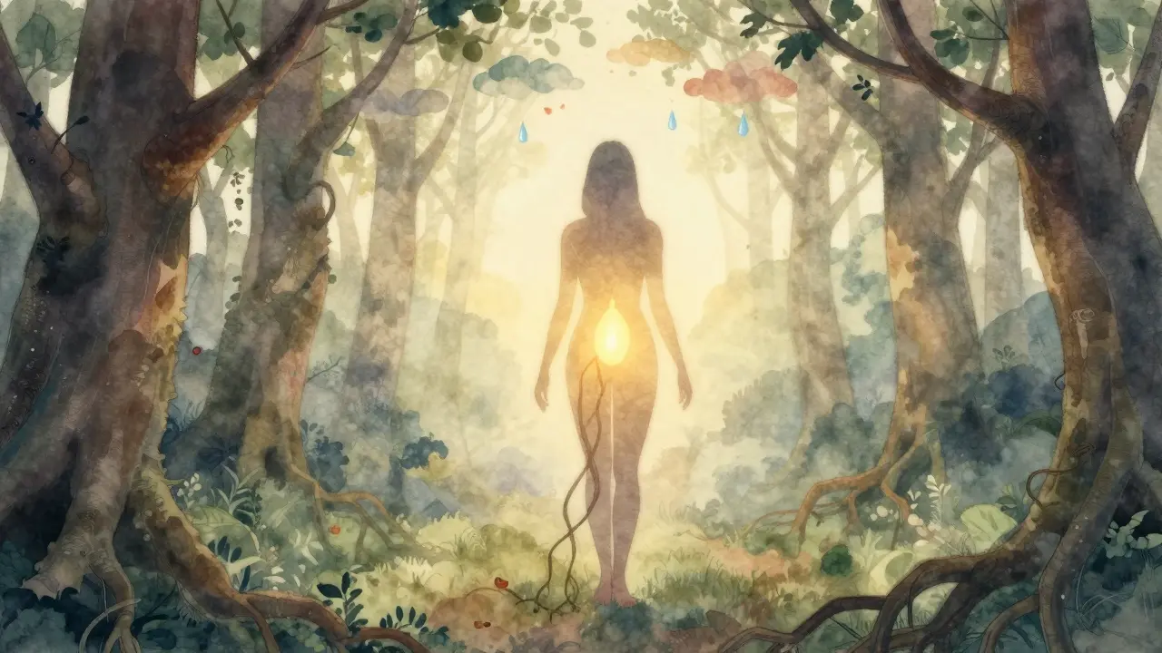 Žena ve výhledu lesa, z její pánve vyzařuje zlaté světlo, kořeny stromů se dotýkají jejích nohou.