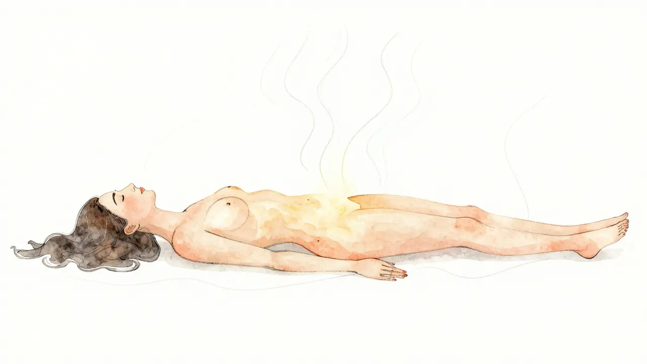 Abstraktní vize energie a dechu proudícího tělem ženy, symbolizující uvolnění bez cíle.