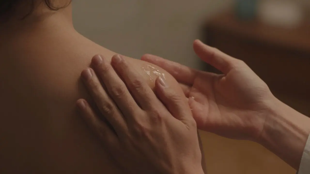 Dvě ruce v jemném kontaktu: jedna dotýká ramene, druhá je otevřená a přijímající.