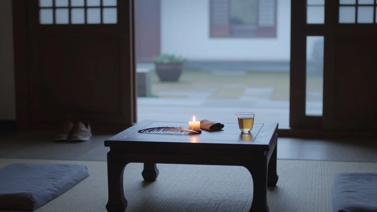 Prázdný prostor s svíčkou, peřím a látkou, naznačující klidnou, reflexivní atmosféru po sezení.