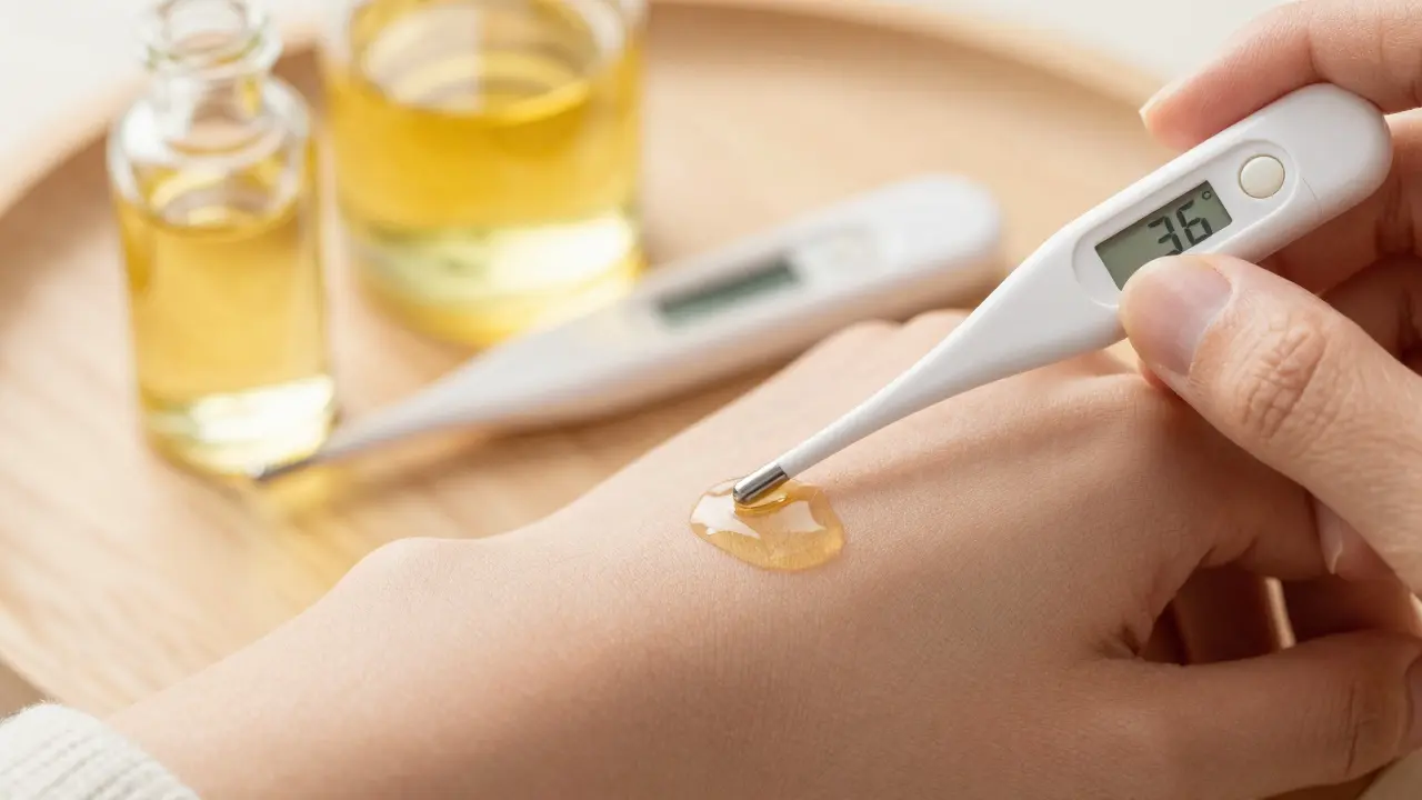 Ruka testuje teplotu oleje na vnitřní straně zápěstí s digitálním teploměrem v pozadí.