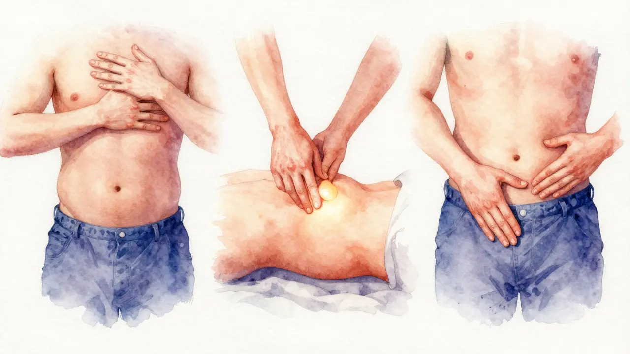 Tři fáze masáže prostaty: externí dotek, interní stimulace a kombinovaná technika v různých polohách.