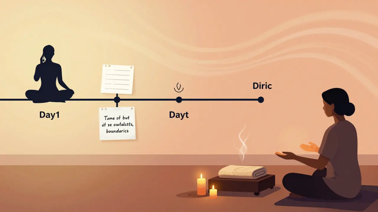 A symbolic timeline showing the preparation process for a tantric massage over several days.