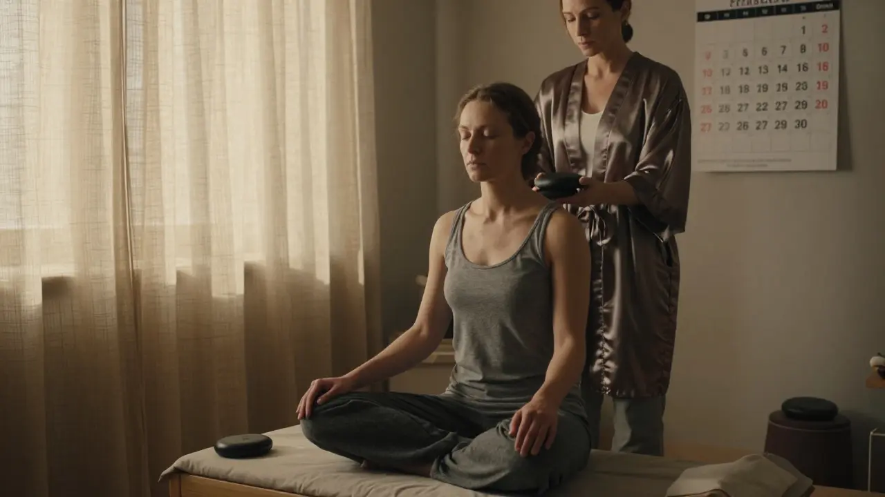 A woman meditating before a tantric session, with therapist preparing tools in the background.