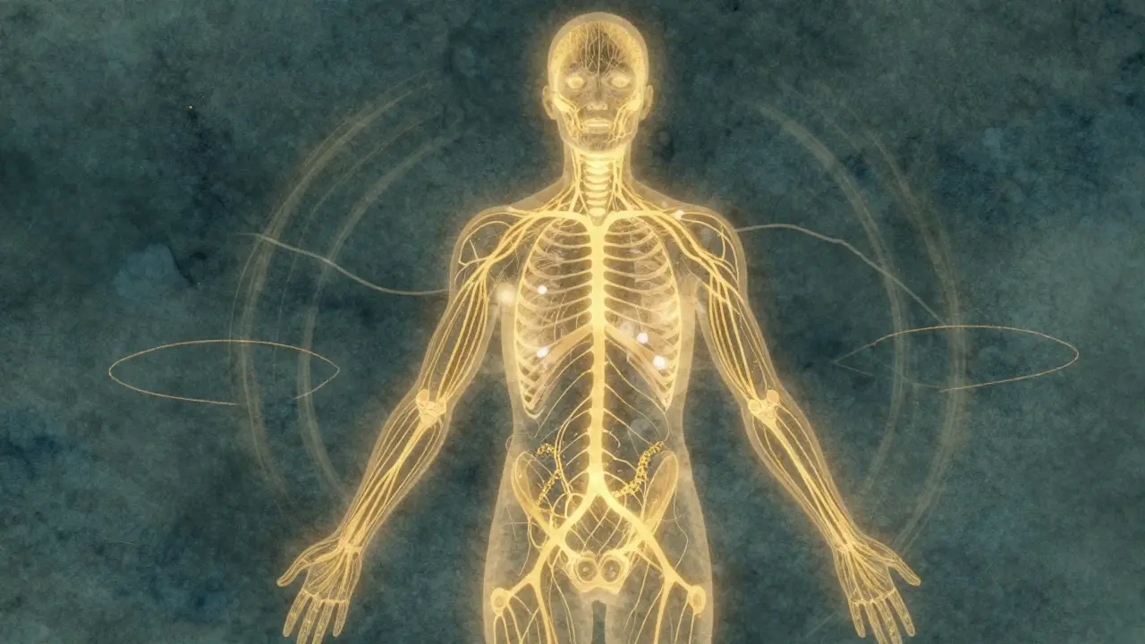 Abstraktní znázornění nervových cest těla zářících zlatou energií během regenerace.