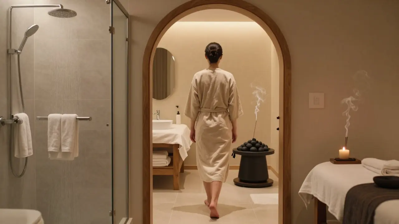 Client in sarong entering massage room from clean private bathroom, with warm lighting and natural materials.